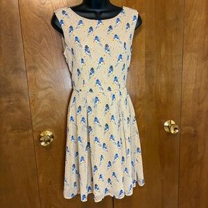 Pretty Blue Jay Print Beige Chiffon A-line Dress